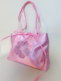 Pink Hibiscus Bedazzled Satin Shoulder Bag